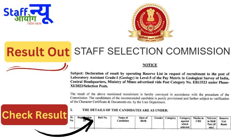 
                                                        SSC Result out भूवैज्ञानिक सर्वेक्षण विभाग में लैब असिस्टेंट ग्रेड-I पद हेतु रिजर्व लिस्ट से परिणाम घोषित