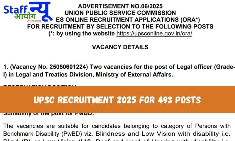 
                                                        संघ लोक सेवा आयोग (UPSC) भर्ती 2025 — 493 पदों पर भर्ती शुरू