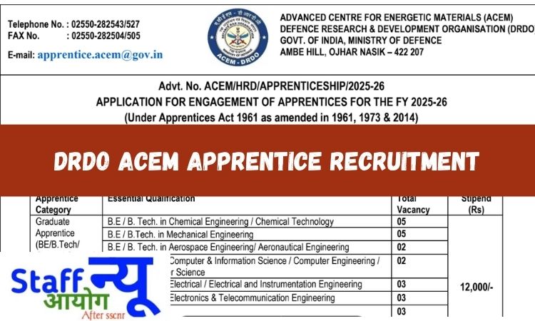 
                                                        DRDO ACEM अप्रेंटिस भर्ती 2025: जानिए नासिक में 41 पदों पर निकली भर्ती की पूरी जानकारी