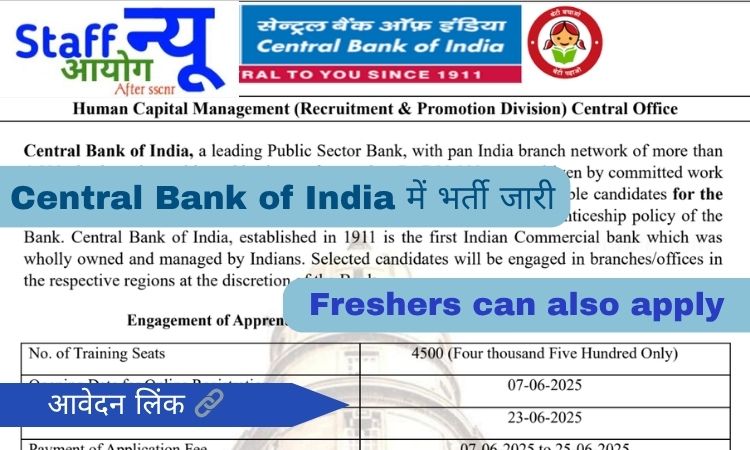 
                                                        केंद्रीय बैंक ऑफ इंडिया अप्रेंटिस भर्ती 2025 – 4,500 अप्रेंटिस पदों के लिए