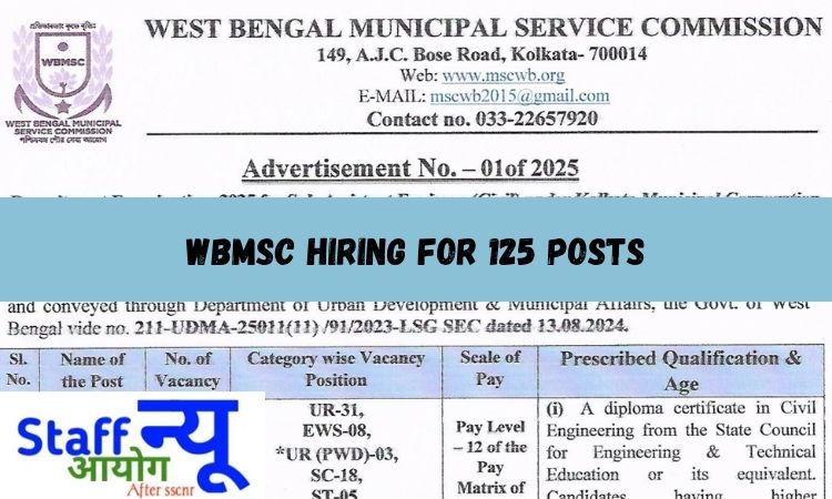 
                                                        WBMSC Sub-Assistant Engineer भर्ती 2025: कोलकाता नगर निगम में 125 पदों पर सीधी भर्ती