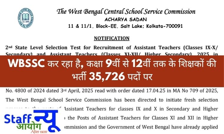 
                                                        WBSSC सहायक शिक्षक भर्ती 2025 : 35,726 पदों पर बंपर भर्ती, जानिए योग्यता, चयन प्रक्रिया और आवेदन की पूरी जानकारी