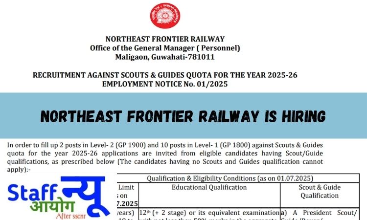 
                                                        उत्तर-पूर्व सीमांत रेलवे स्काउट्स एवं गाइड्स कोटा भर्ती 2025: ऑफलाइन आवेदन शुरू!