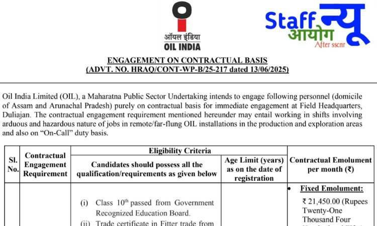 
                                                        ऑयल इंडिया लिमिटेड भर्ती 2025 – डुलियाजान फील्ड हेडक्वार्टर में ITI एवं डिप्लोमा युवाओं के लिए सुनहरा मौका!