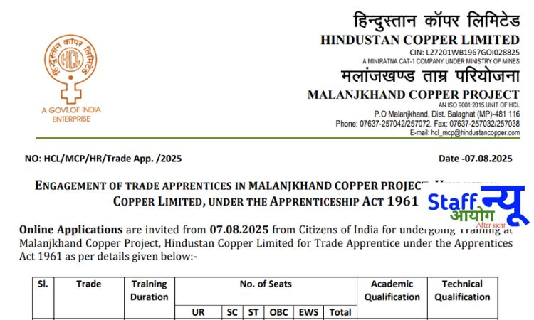 
                                                        हिंदुस्तान कॉपर लिमिटेड ट्रेड अपरेंटिस भर्ती 2025 – 167 पदों पर सुनहरा मौका