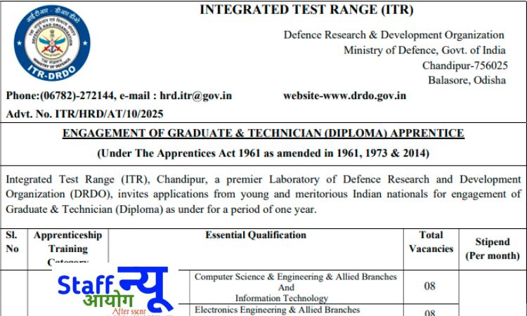 
                                                        ITR चांदिपुर अपरेंटिस भर्ती 2025-26 : 54 पदों पर ग्रेजुएट और डिप्लोमा अपरेंटिस के लिए सुनहरा मौका