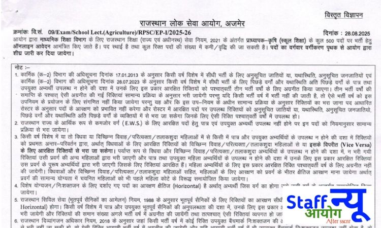 
                                                        RPSC School Lecturer (Agriculture) भर्ती 2025 – 500 पदों पर सुनहरा अवसर