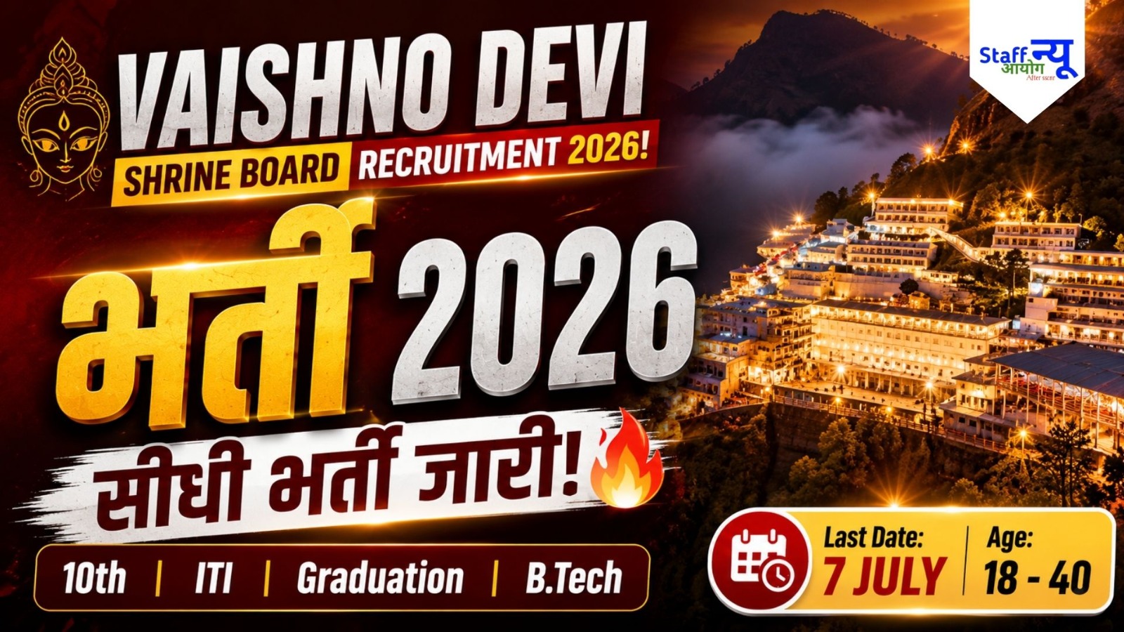 
                                                        Vaishno Devi Shrine Board Recruitment 2026: माता के दरबार में सेवा और सरकारी नौकरी का मौका, विभिन्न पदों पर निकली भर्ती!