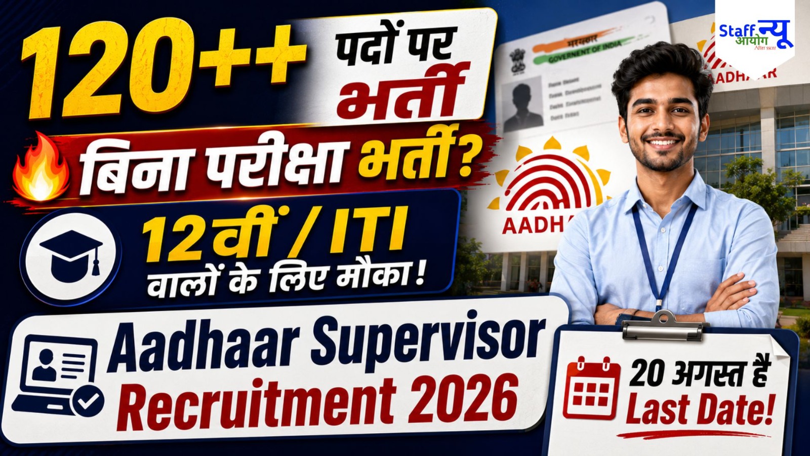 
                                                        Aadhaar Supervisor/Operator Recruitment 2026: 125+ पदों पर भर्ती, 12वीं, ITI और डिप्लोमा उम्मीदवार करें आवेदन