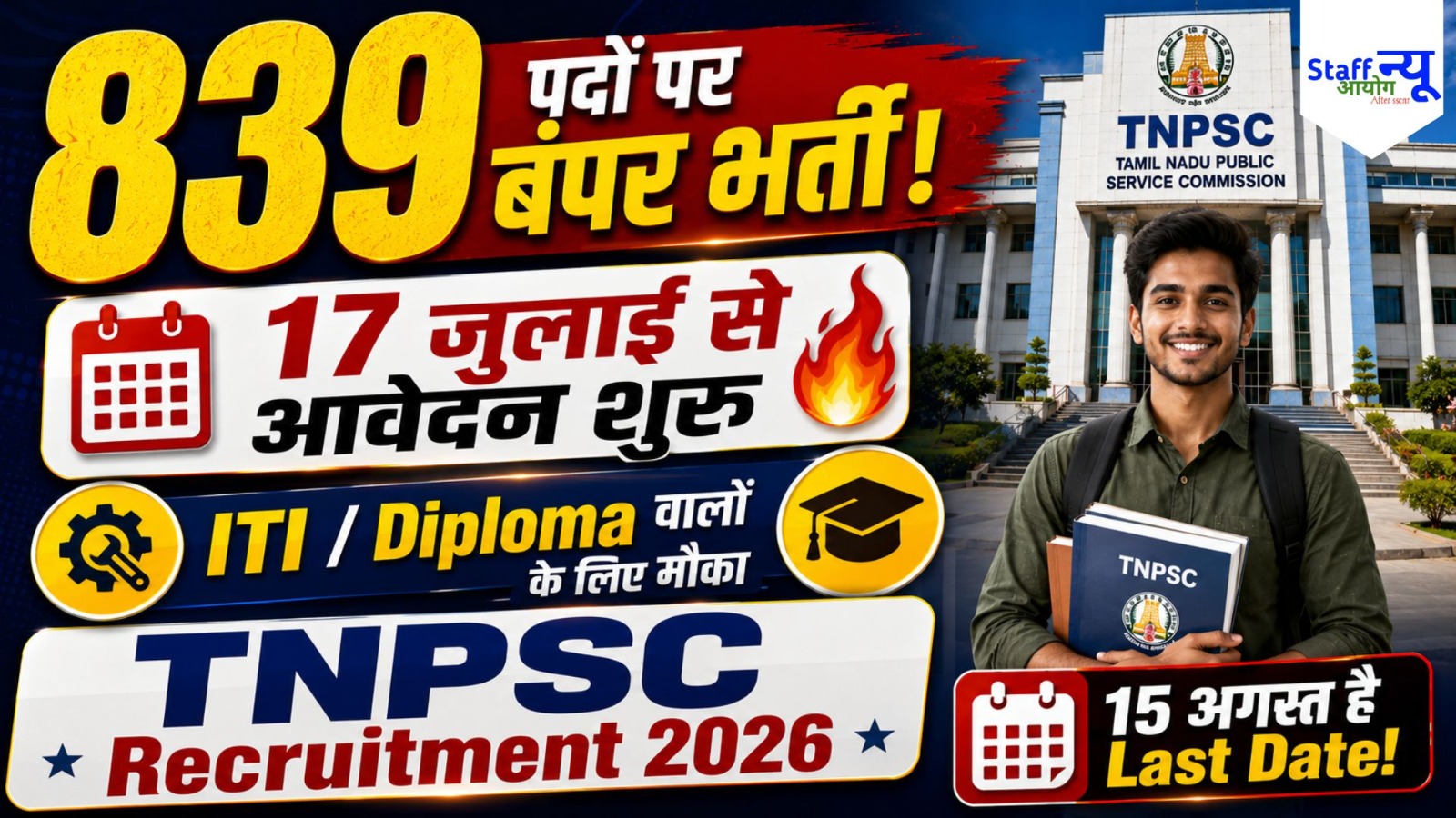 
                                                        TNPSC CTS Diploma/ITI भर्ती 2026: 839 पदों पर निकली बंपर भर्ती, आवेदन प्रक्रिया, योग्यता, आयु सीमा और चयन प्रक्रिया जानें