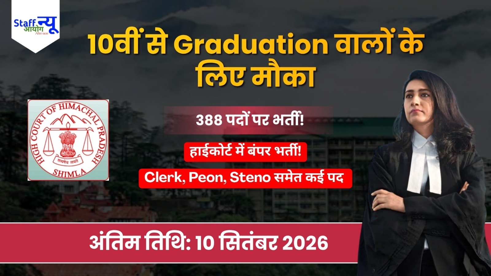 
                                                        HP High Court Recruitment 2026: हाईकोर्ट में 388 पदों पर भर्ती, क्लर्क, स्टेनोग्राफर, ड्राइवर और चपरासी समेत कई पद, 10 सितंबर तक करें आवेदन