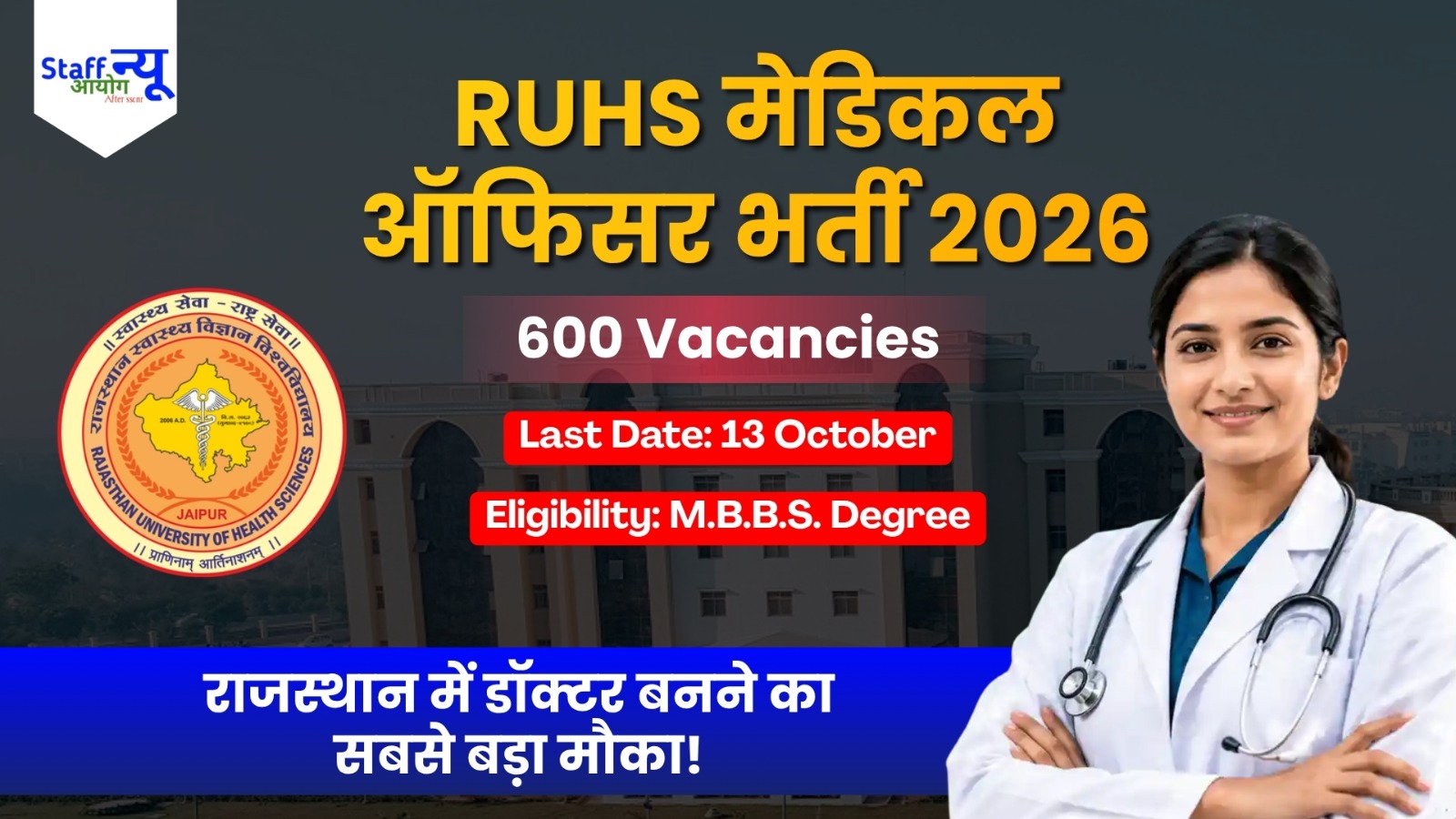 
                                                        RUHS Medical Officer Recruitment 2026: राजस्थान में डॉक्टर बनने का सुनहरा मौका, 600 पदों पर सीधी भर्ती!