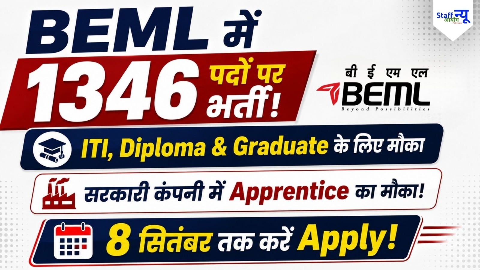 
                                                        BEML Apprentices Recruitment 2026: 1346 पदों पर भर्ती, ITI, Diploma और Graduate उम्मीदवारों के लिए मौका