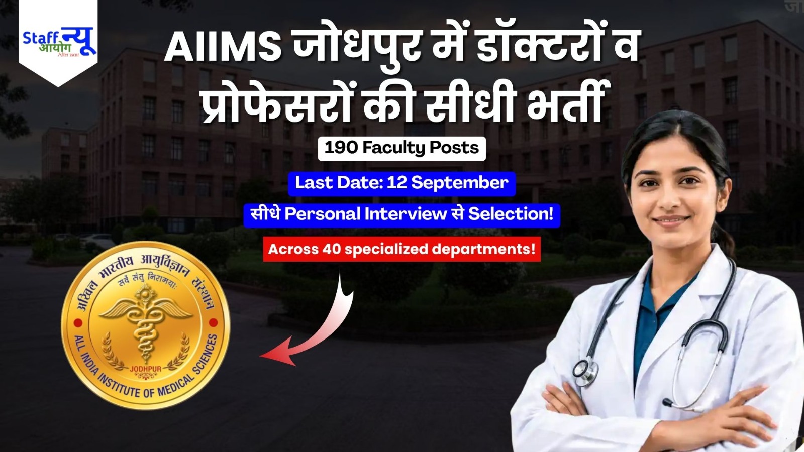 
                                                        AIIMS Jodhpur Faculty Recruitment 2026: एम्स जोधपुर में प्रोफेसर और डॉक्टरों के 190 पदों पर सीधी भर्ती! 