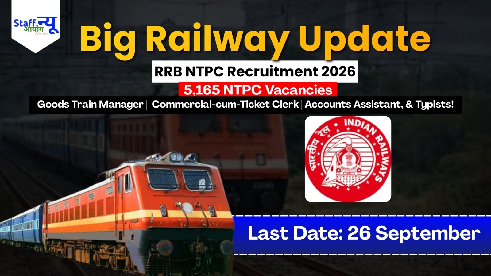 
                                                        RRB NTPC Recruitment 2026: भारतीय रेलवे में 5,165 पदों पर बम्पर भर्ती को मिली मंजूरी!