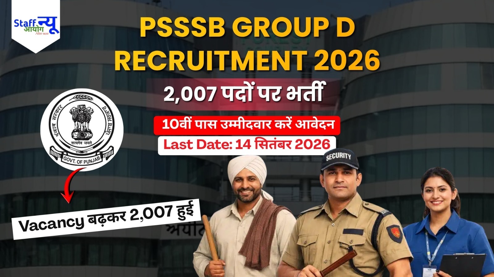 
                                                        PSSSB Group D Recruitment 2026: 10वीं पास के लिए 2,007 पदों पर भर्ती, 14 सितंबर तक करें आवेदन