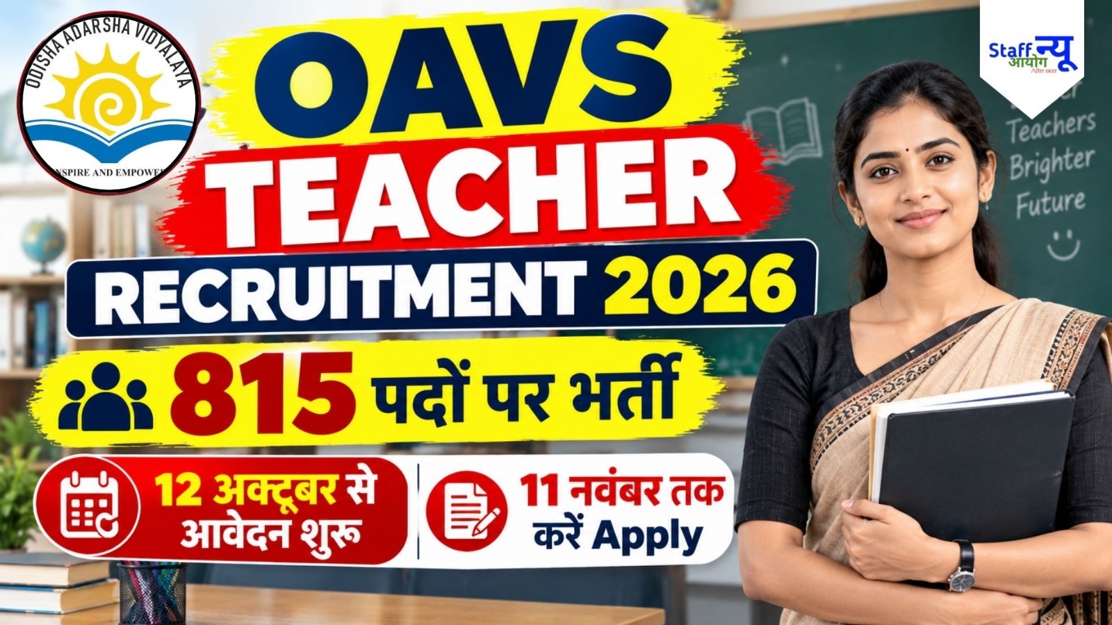 
                                                        OAVS Teacher Recruitment 2026: 815 प्रिंसिपल और शिक्षक पदों पर भर्ती, 12 अक्टूबर से आवेदन शुरू