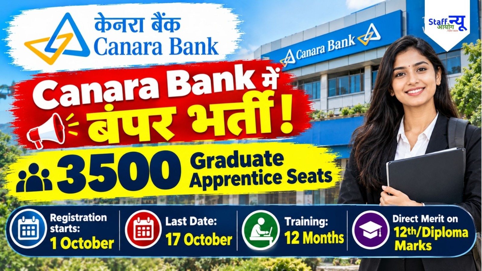 
                                                        केनरा बैंक में 3500 पदों पर बंपर भर्ती! बिना परीक्षा सीधे बैंक में काम करने का शानदार मौका