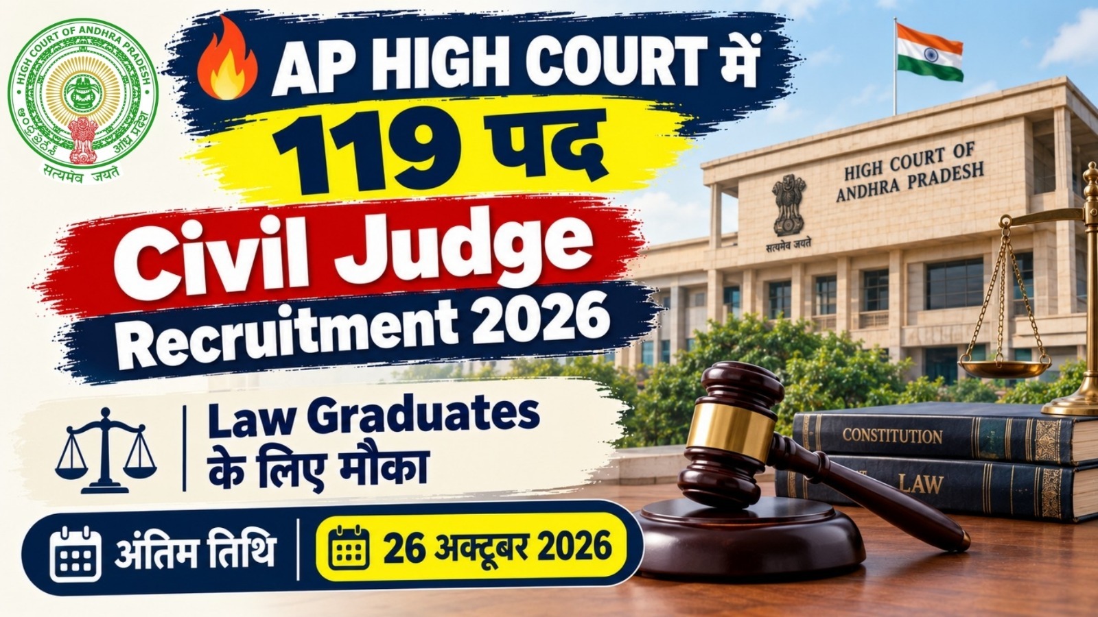 
                                                        AP High Court Civil Judge Recruitment 2026: 119 सिविल जज पदों पर भर्ती, Law Graduates के लिए मौका