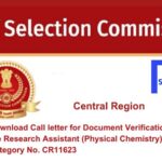 Download Call letter for Document Verification of the Research Assistant (Physical Chemistry) Post Category No. CR11623